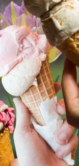 Hands holding colorful ice cream cones on floral background.