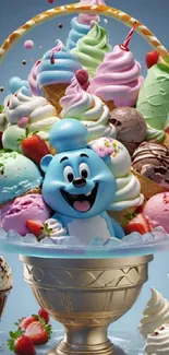Colorful ice cream in a bowl with a blue bear.