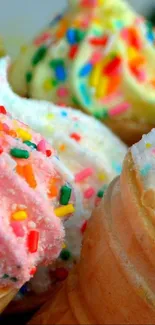 Colorful ice cream cones with sprinkles.