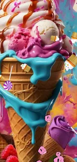 Colorful ice cream cone with scoops and candy on a vibrant background.