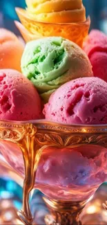 Vibrant ice cream scoops in a glass dish