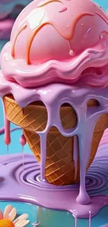 Pink ice cream dripping delightfully over a waffle cone.