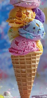 Colorful ice cream cone with multiple scoops.