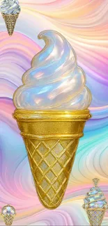 Golden ice cream cone on pastel swirl background.