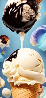 Colorful ice cream cones against blue background.