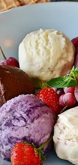 A bowl of colorful ice cream scoops with fresh berries.