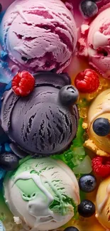 Colorful ice cream scoops topped with berries.