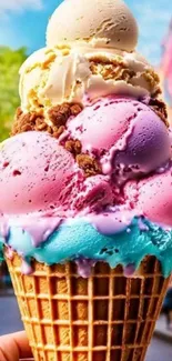 Vibrant ice cream cone with colorful scoops outdoors.