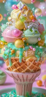 A vibrant and colorful ice cream cone with pastel shades.