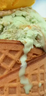 Close-up of a colorful melting ice cream cone.