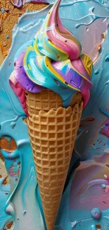Colorful ice cream cone on blue background.
