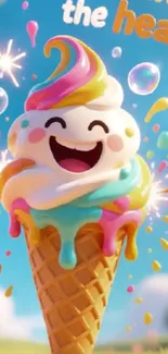 Colorful cartoon ice cream cone with rainbow swirls.