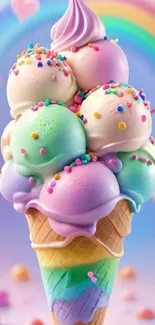 Colorful ice cream cone with sprinkles and rainbow.