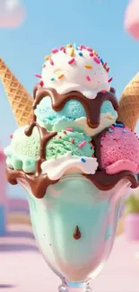 Vibrant ice cream sundae with sprinkles and cones on a sunny day.