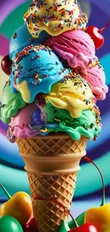 Colorful ice cream cone with rainbow scoops and sprinkles.