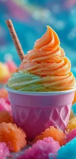 Vibrantly colored ice cream in a pink cup with candy.