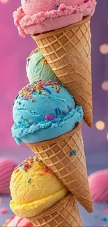 Stacked colorful ice cream cones with sprinkles, vibrant and fun.