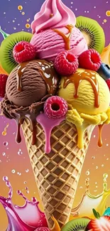 Vibrant ice cream cone with fruits and colorful background.