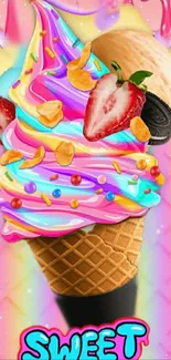 Colorful ice cream cone wallpaper with strawberries and candy toppings.