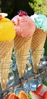 Vibrant ice cream cones with fruit toppings.