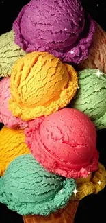 A vibrant wallpaper of colorful ice cream scoops in a cone.