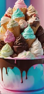 Overflowing ice cream cones in a colorful bucket.