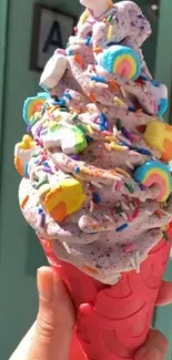 Colorful ice cream cone with rainbow sprinkles and marshmallows.