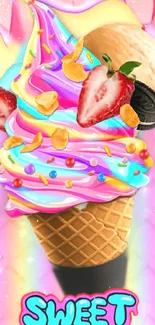 Colorful ice cream cone with toppings and a bright background.