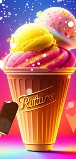 Vibrant ice cream cone with neon colors against a vivid background.