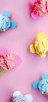 Pink background with colorful ice cream cones.