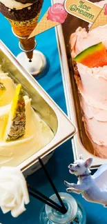 Colorful ice cream display with tropical fruits and a whimsical touch.