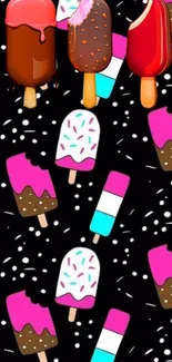 Vibrant ice cream pattern wallpaper with colorful popsicles on a black background.