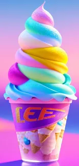 Colorful pastel ice cream in a pink cone with a gradient background.