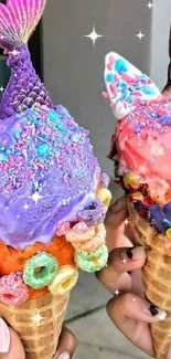 Mobile wallpaper of colorful ice creams with unicorn and mermaid themes.