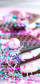 Colorful ice cream sandwich with sprinkles and chocolate wafers.