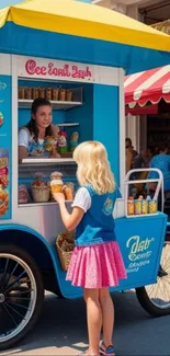 A colorful ice cream stand with a young girl enjoying a treat on a sunny day.