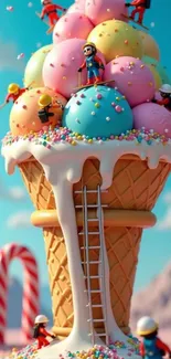 Towering ice cream cone with vibrant scoops and candy.
