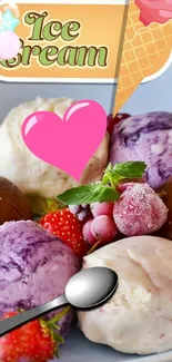 Colorful ice cream sundae with berries and a pink heart on top.