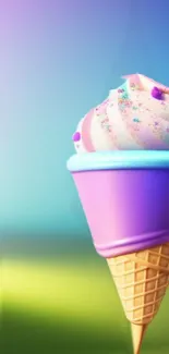 Colorful ice cream cone with gradient background.