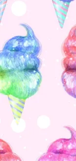 Vibrant ice cream cones in watercolor style on a pastel pink background.