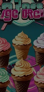 Colorful ice cream cones on a teal background.