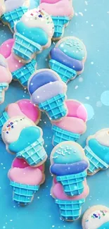 Colorful ice cream cone cookies with pastel hues on a light blue background.