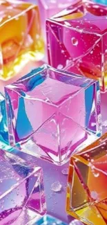 Colorful ice cubes with vibrant hues and reflections.
