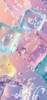 Colorful ice cubes with bubbles in a pastel background.