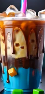 Colorful iced drink with vibrant layers and cubes.