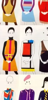 Colorful fashion illustration featuring abstract clothing designs.