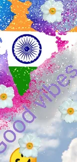 Vibrant India map wallpaper with sky and clouds background.