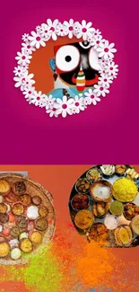 Vibrant Indian festival wallpaper with traditional food and floral art.