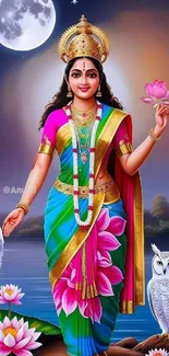 Vibrant Indian goddess in colorful attire by a serene lake.