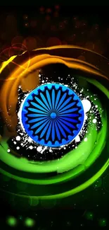 Colorful Indian symbol with swirling green, orange, and blue on a mobile wallpaper.